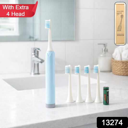 Electric Toothbrush With 4 Extra Head (1 Pc, Battery Included, Mix Color)