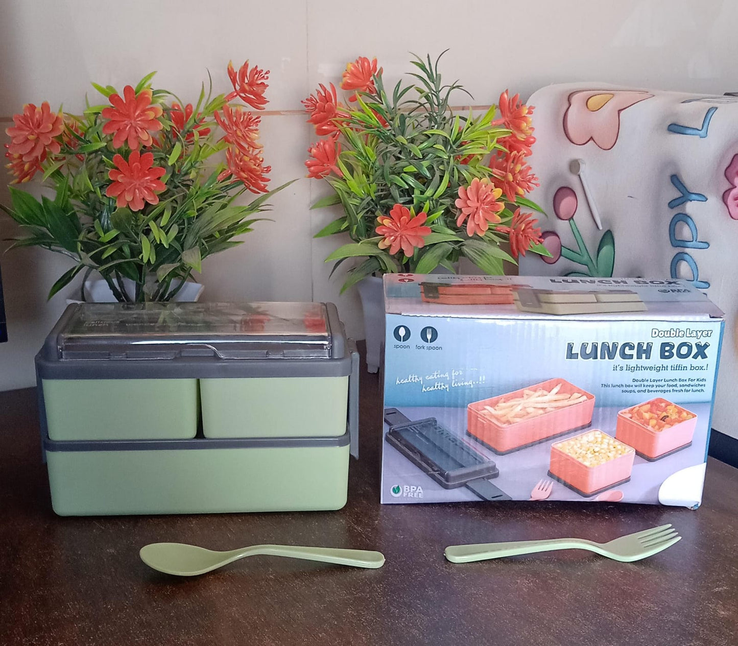 Plastic 2 Layer Leak Proof 3 Compartment Lunch Box for Office (1 Pc)