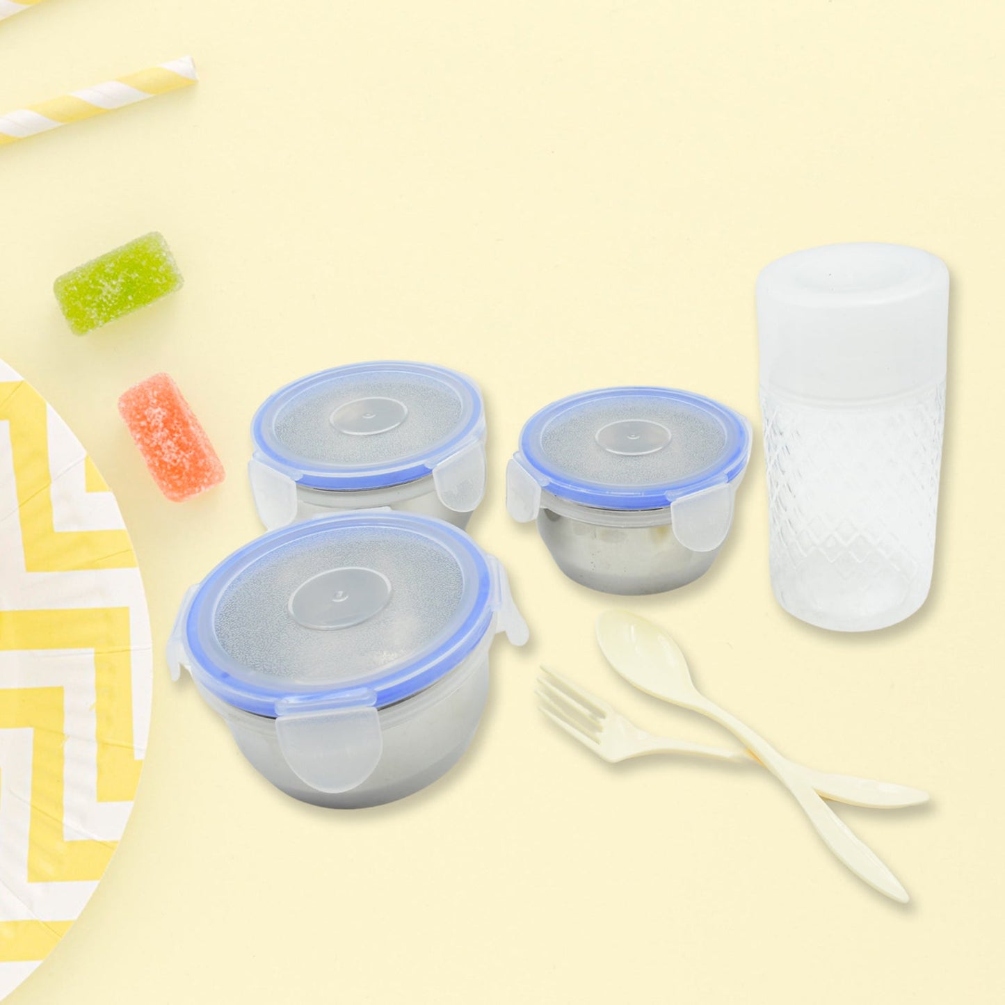 6In1 Tiffin Box-Lunch Box | 3 Stainless Steel Containers | Plastic lid Box | Spoon & Fork /Plastic Bottle | Insulated Fabric Bag | Leak Proof | Microwave Safe  for Office, College and School  (6 pcs)