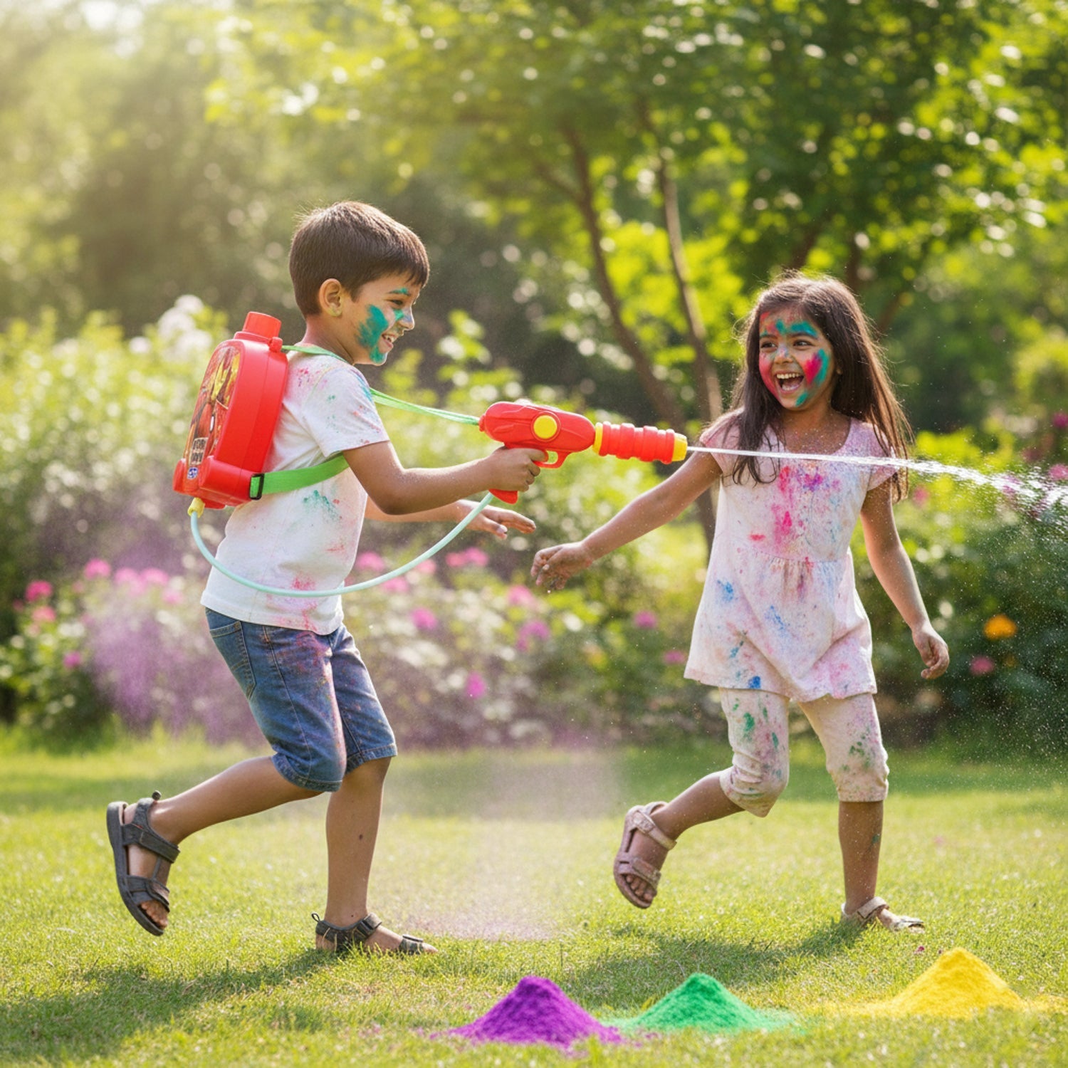 Long range water gun with backpack reservoir