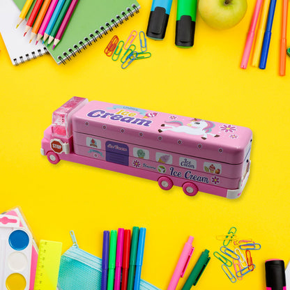Double Decker Magic Truck Compass Multi Level Metal Pencil Case