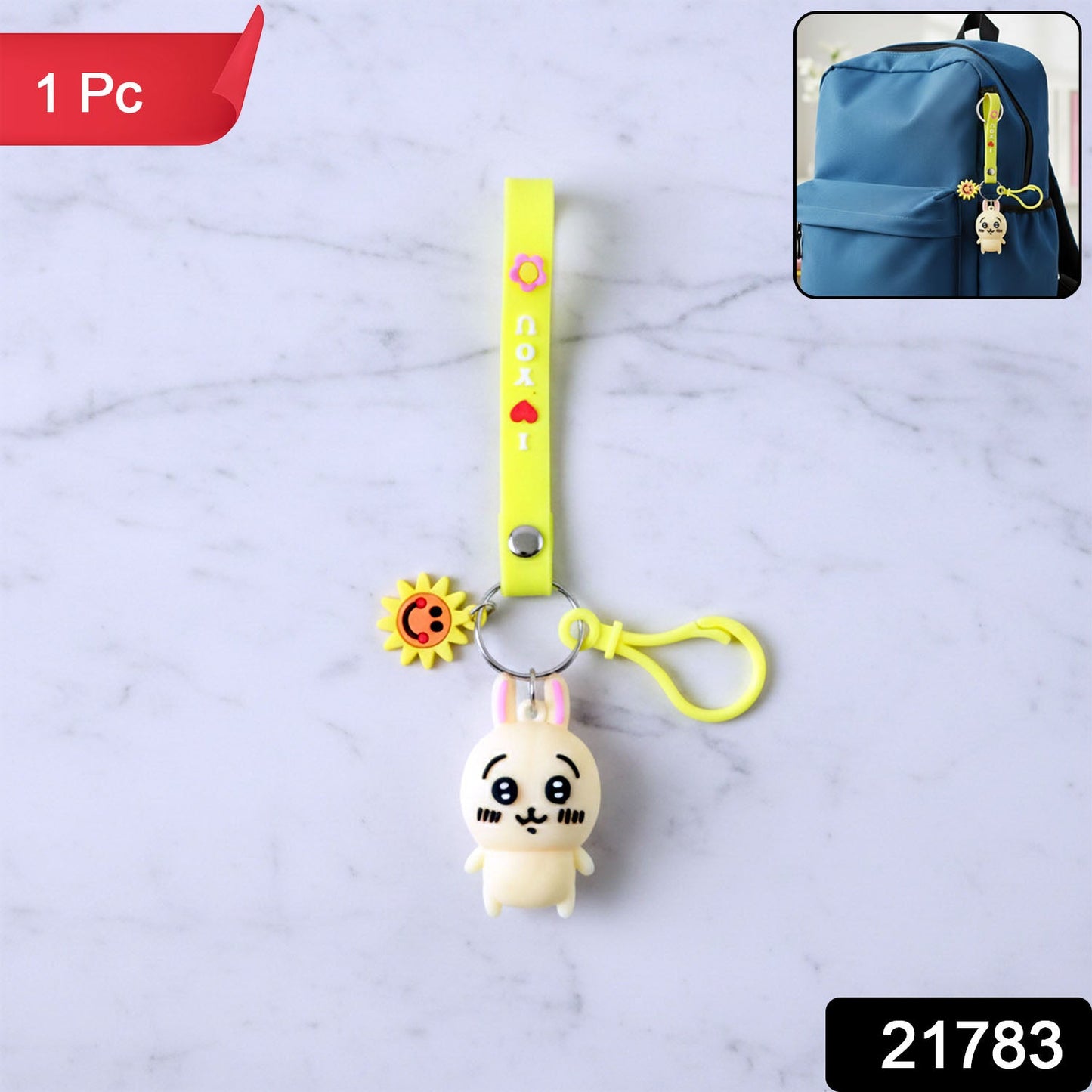 Cute cartoon bunny silicone keychain with decorative strap