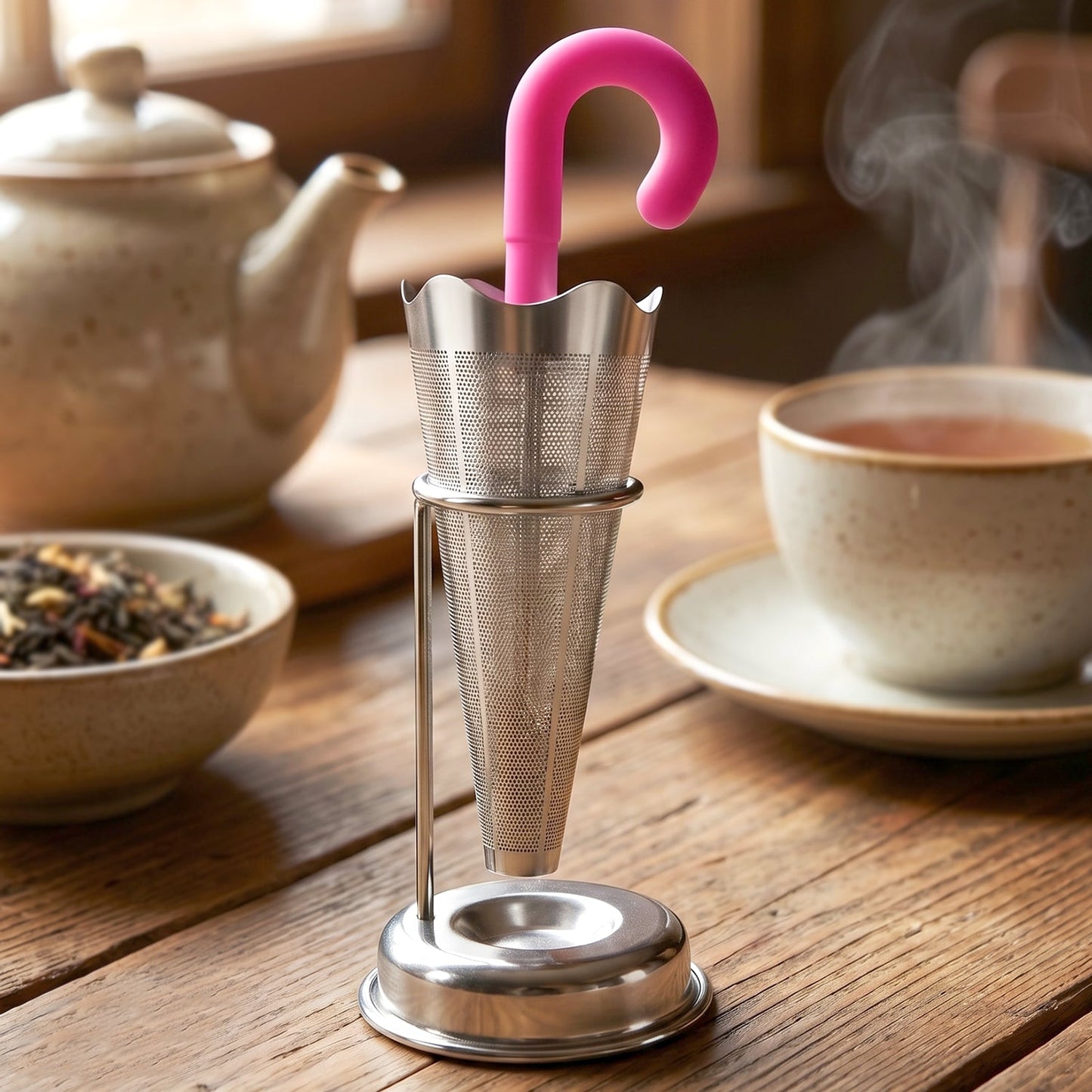 Stainless Steel Umbrella Tea Strainer with Stand Drip Tray Reusable Tea Infuser Filter (1 Pc)