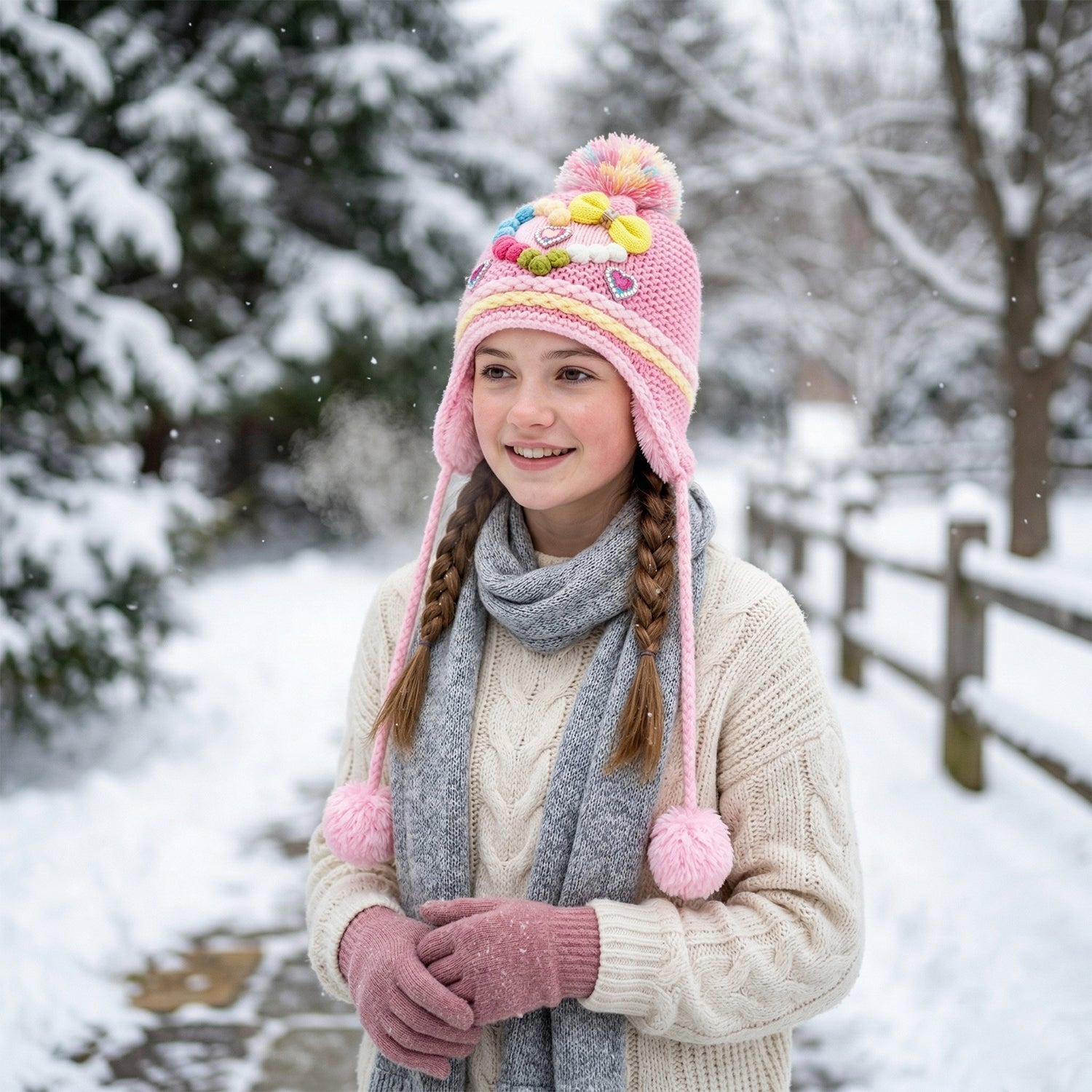 cute kids winter woolen ear flap cap with pom pom
