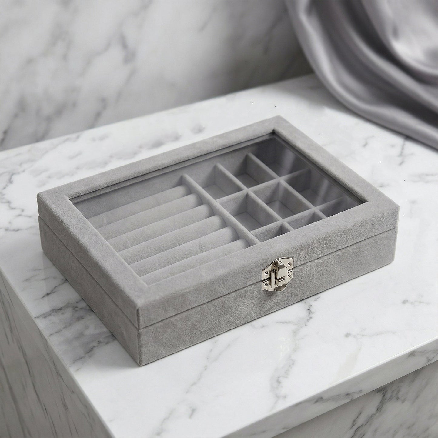 Premium Velvet Jewellery Organizer Box with Transparent Lid