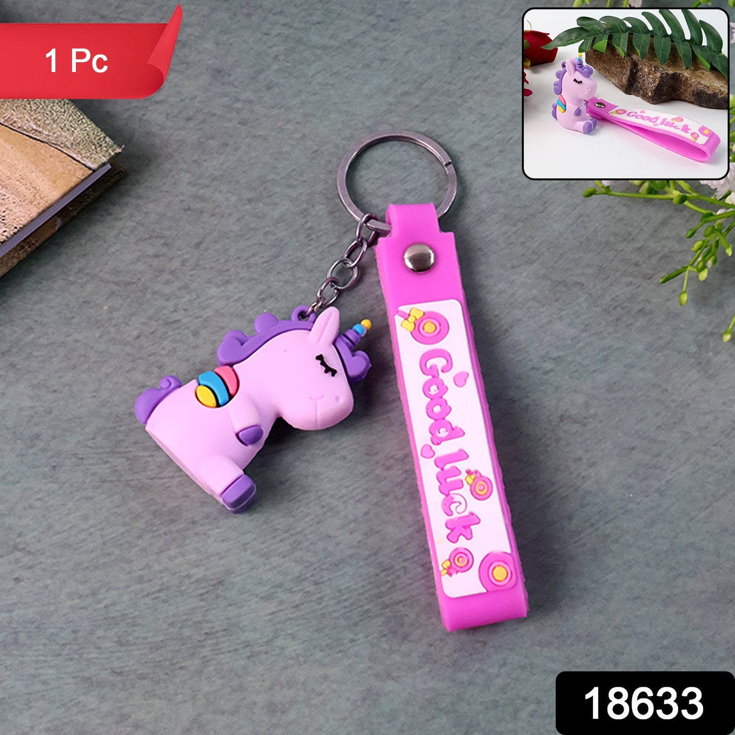 Cute Cartoon Silicone 3D Key Chain with Metal Hook & Strap (Pack of 1)