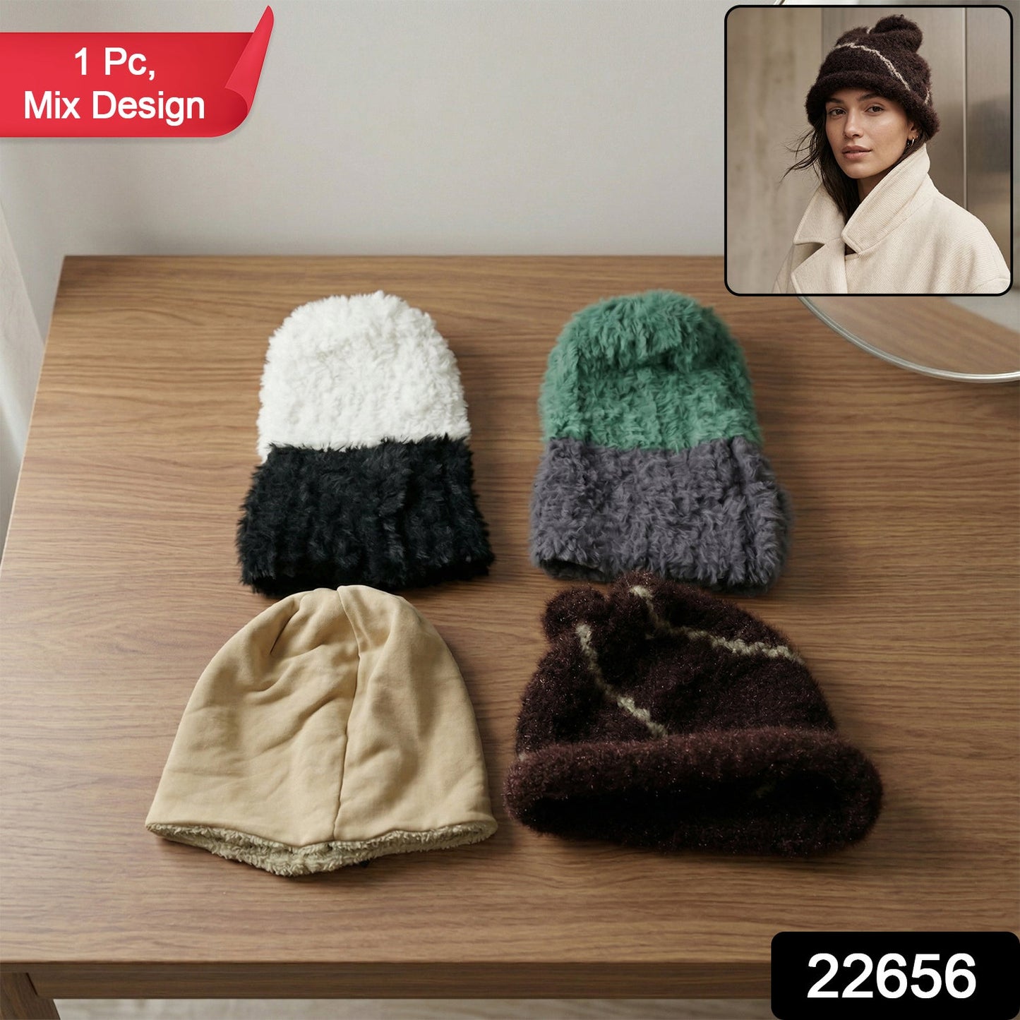 Winter Warm Woolen Beanie Cap for Men & Women (1 Pc, Mix Desin)