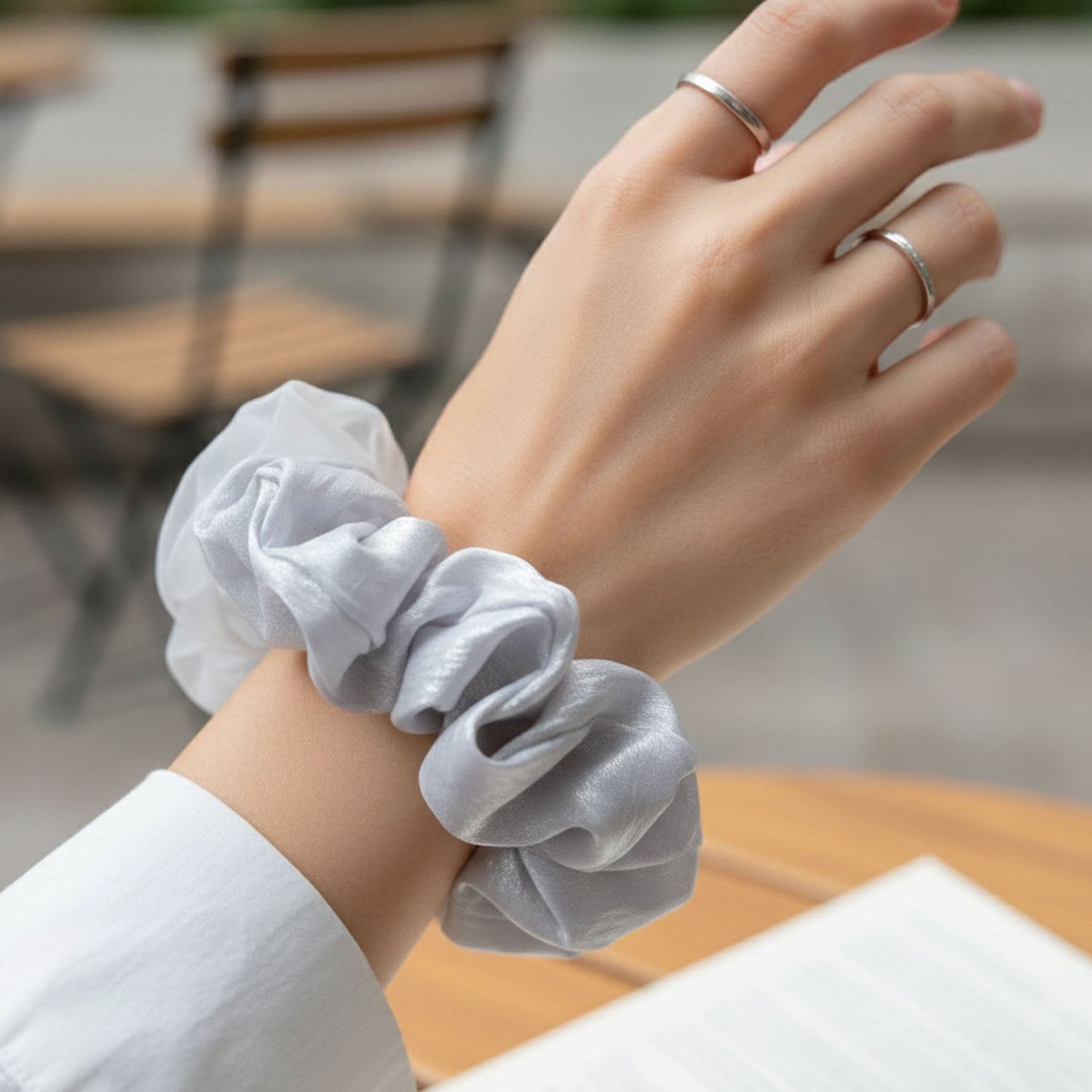 Dual-Tone Satin & Mesh Fabric Hair Scrunchie (1 Pc)